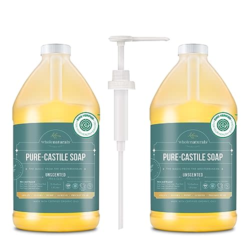 WHOLENATURALS Pure Castile Soap Liquid, EWG Verified & Certified Palm Oil Free Unscented, Natural, Mild & Gentle Non-gmo & Vegan - Organic Body Wash, Laundry, Pet/Dog and Baby Soap -Pack of 2 w/pump