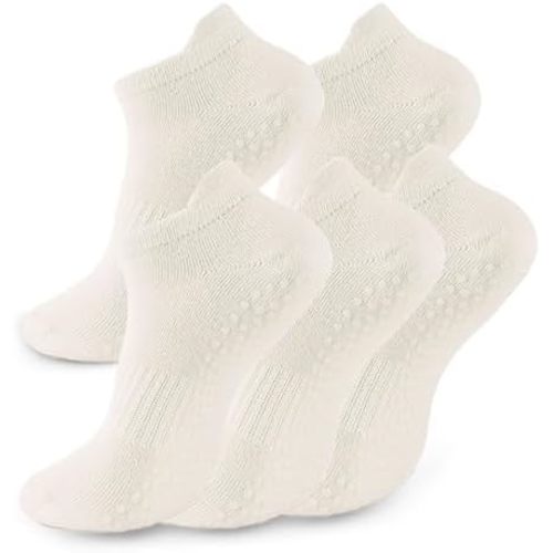 kepiibi 5 Pairs White Pilates Grip Socks with Grips for Women, Non Slip Yoga Grippy Crew Socks for Barre Hospital Barefoot Workout Dance Ballet