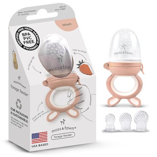 Moss and Fawn Forage Feeder - Soothing Silicone Frozen Breast Milk Popsicle & Baby Food Teething Toy, Pacifier, Fruit Feeder, & Teether - BPA, PVC & Phthalate-Free - Bloom