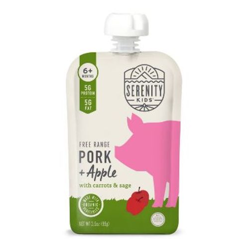 Serenity Kids Free Range Pork and Apple with Organic Carrots and Sage Baby Food Pouch - 3.5oz: High Protein, 6 Months & Up, 2nd Stage