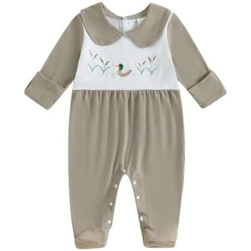 woshilaocai Baby Fall Outfit Boy Girl Plaid Embroidered Collar Romper Footie Infant Halloween Clothes