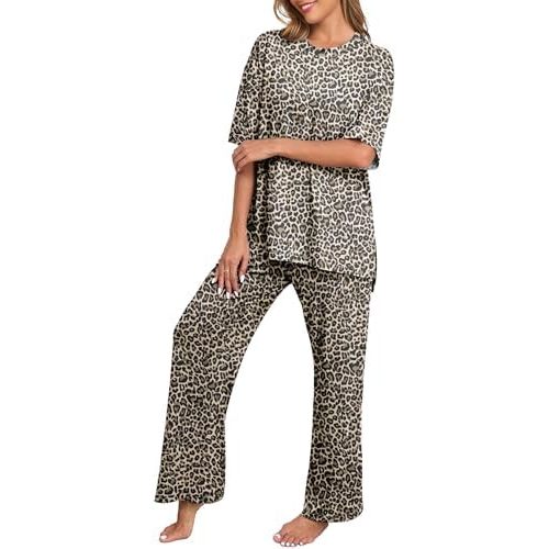 PrinStory Womens Pajamas Sets 2 Piece Lounge Set Short Sleeve Tops and Long Pants Soft Pjs Loungewear with Pockets