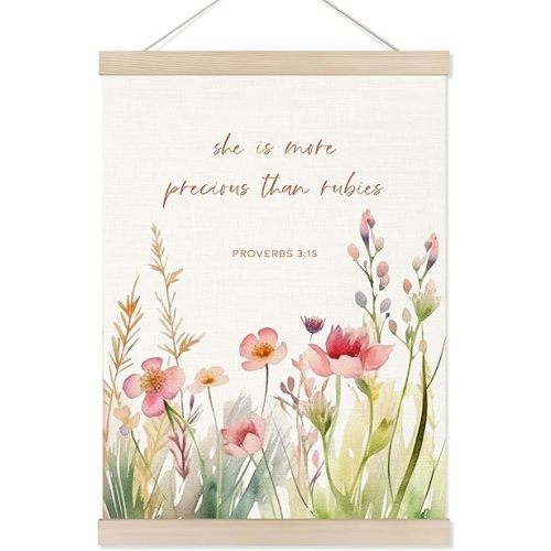 Koesus Nursery Bible Verses Christian Wall Art Poster Hanger Frame 12x16 Inch, She is More Precious Than Rubies Scripture Floral Canvas Pictures Prints Framed Wall Decor for Girls Room Bedroom Nursery