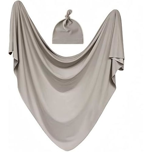 Baby Receiving Blankets with Matching Beanie Set Newborn Nursery Swaddle Unisex Swaddle Wrap Soft Silky Neutral for Baby Girls and Boys (Gray)
