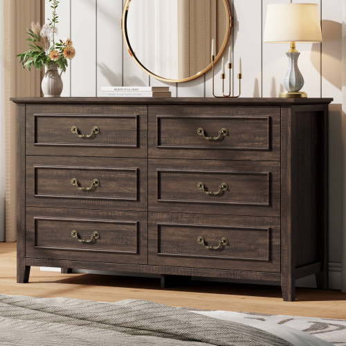 LainTene Farmhouse Dresser for Bedroom, Rustic Brown 6 Drawers Dresser with Antique Handles, Vintage Storage Cabinet & Chest of Drawers for Living Room, Entryway