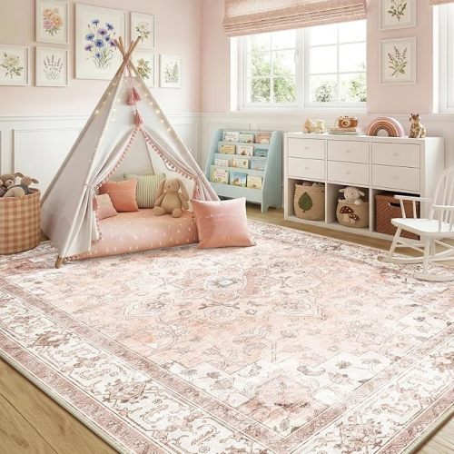 Machine Washable Rugs Nursery Rug 6x9 Cute Girl Non Slip Low Pile Water Repellent Soft Print Pattern for Bedroom Indoor Decor Kids Playroom Pink