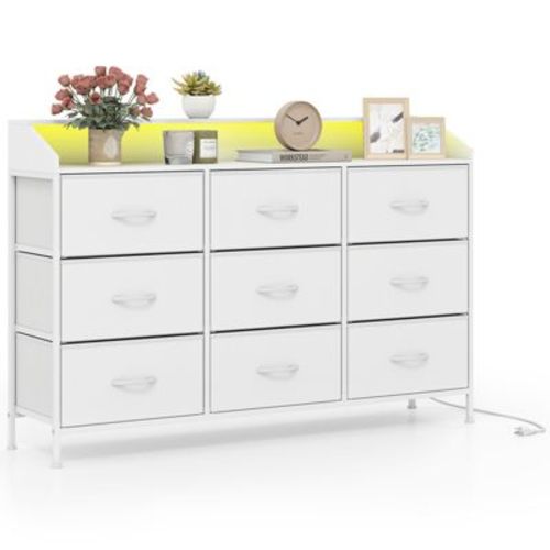 Costway Storage Organizer Dresser with LED Lights, Charging Station, 9 Fabric Drawers & Metal Frame