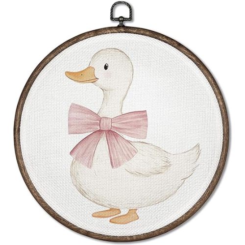 GWFSJYU Coquette Duck Framed Wall Art, Duck Nursery Decor, Cute Ducks Round Canvas Prints Wall Art, Vintage Pink Bow Ducks Wall Hanging Decor for Bathroom Nursery Bedroom Girls Room, 10x10inch