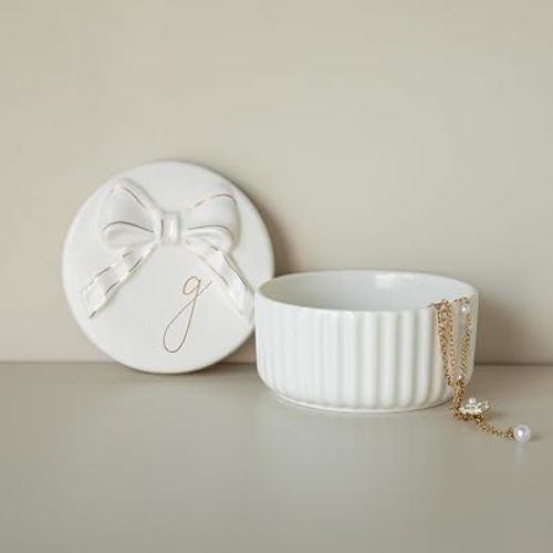 COLLECTIVE HOME Ceramic Jewelry Box with Bow, Nightstand Vanity Decor(G)