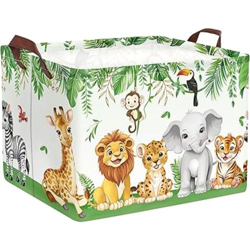 Clastyle Safari Animal Laundry Basket Leaf Kids Clothes Book Storage Basket Gift Toy Box for Bedroom Decor,Elephant Lion Giraffe,40x30x30 cm