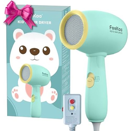 Feekaa Secador de pelo para niños, calor suave de bajo ruido para la piel de los niños, regalo para cumpleaños de niños, Navidad, amarillo-verde