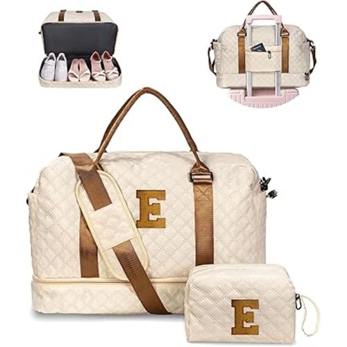 Girls/Kids Initial Duffle Bag with Shoe Compartment, Kids Personalized Travel Bags with Makeup Bag for Women with Trolley Sleeve & Wet Pocket, Gifts for Teenage Girl(Letter E)