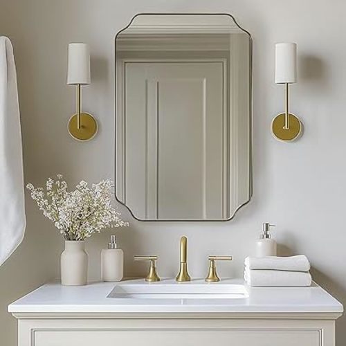 ANDY STAR 26"x38" Gold Mirror, Brushed Brass Scalloped Wall Mirror, Unique Rectangle Mirror, Bathroom Mirror in Anti-Rust Stainless Steel Metal Frame, 1’’ Deep Wall-Mounted Vertically/Horizontally