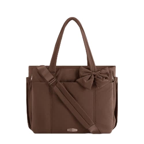 BAGSMART Crush Bow Tote Bag for Women, Puffer Travel Work Yoga Laptop Bag | Large Bow Tote Fits 40oz Tumbler, 15.6" Laptop, Yoga Mat Sleeve, Waterproof Pocket, Travel Work Swim Gym Mom Shoulder Handbag