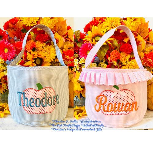 Halloween Bucket Pink/Blue Gingham w/Pumpkin Personalized | Embroidered Halloween Basket | Trick or Treat Bag Personalzied | FREE Shipping