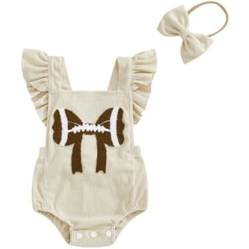 Karuedoo Newborn Baby Girl Football Clothes Football Bow Embroidery Ruffle Sleeveless Corduroy Romper Bodysuit with Headband