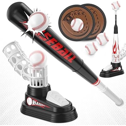 T Ball Set for Kids Toddlers 3-5, Toss and Catch Ball Game Outdoor Toys with Fixed Tee Ball Stand, Baseball Launcher, Softballs and Beginner Glove, Sport Toy Gift Idea for Boys and Girls