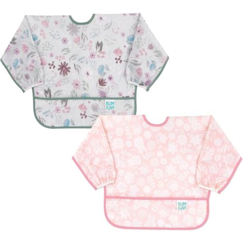 Bumkins - Sleeved Bib - For Boys & Girls, Babies & Toddlers 6-24 Months - Lightweight, Durable, Waterproof - Long Sleeve Bib - Catch-All Pocket - Wipeable & Machine Washable - Floral & Lace - 2 Pack
