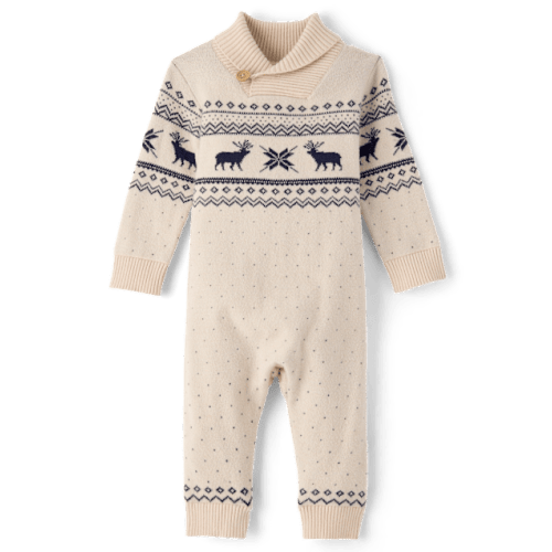 Baby Boys Reindeer Fairisle Shawl Collar Sweater Jumpsuit- Homegrown by Gymboree - Cream
