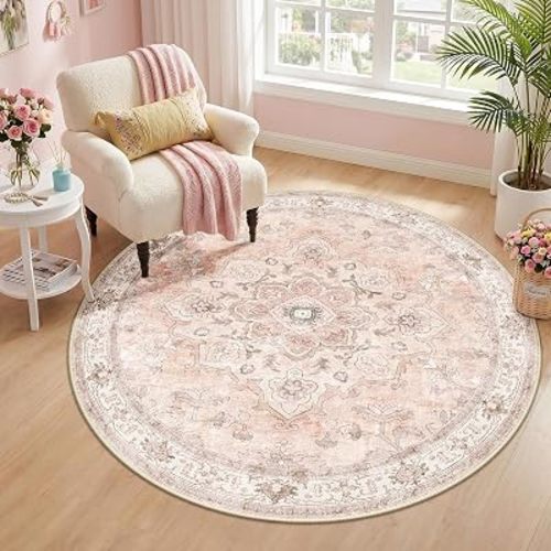 CAPALOCA Round 4ft Washable Nursery Girls Low Pile Area Rug Pink