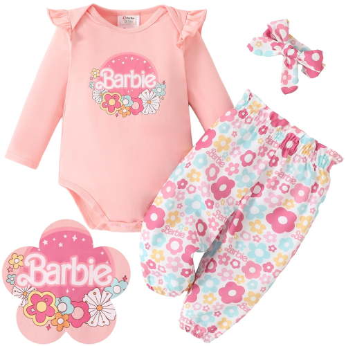 Barbie Baby Girl Clothes 3Pcs Ruffle Long Sleeve Romper And Floral Pants Set With Headband Newborn Outfits Gift Set Sizes 0/3-18M