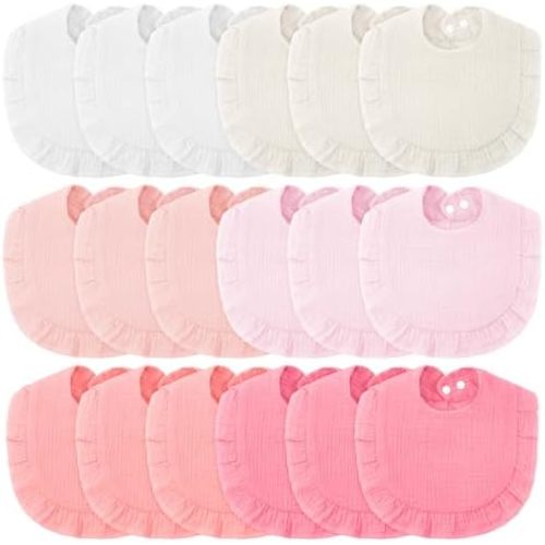 Kenning 18 Pcs Muslin Drool Baby Bibs Ruffle Absorbent Bib with Snap Button Boy Girl for Drooling Teething Infant Newborn