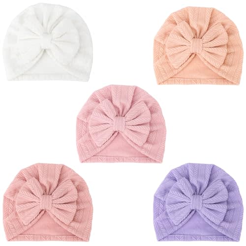 DRESHOW BQUBO 5 Pieces Newborn Baby Turban Hats Bow Baby Infant Beanie Breathable Toddler Cap for Baby Girls
