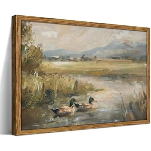 Framed Vintage Mallard Duck Wall Art, Countryside Wetland Landscape Pictures Wall Decor Painting, Nature Wild Animals Canvas Prints Hunting Decor For Living Room Bedroom Office,12×16inch