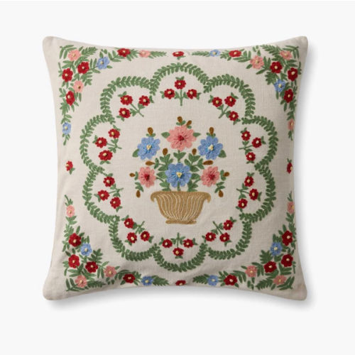 Rosette Vase Embroidered Pillow - Ivory