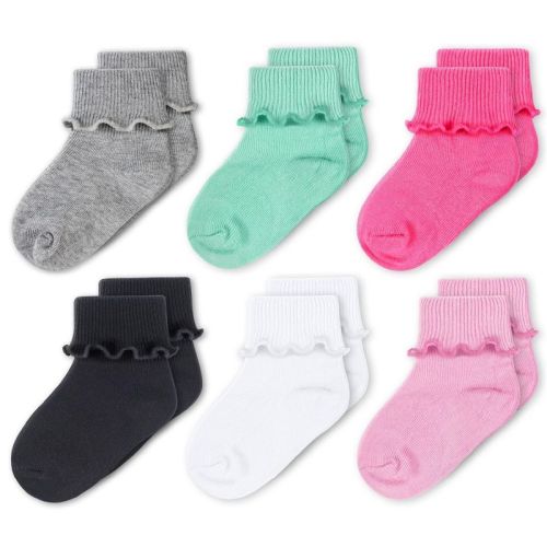 Cozyway Baby Girls Socks, Ruffle Ripple Edge Turn Cuff Sock - 9-24 Months Toddler - 6 pack, Solid Multicolored