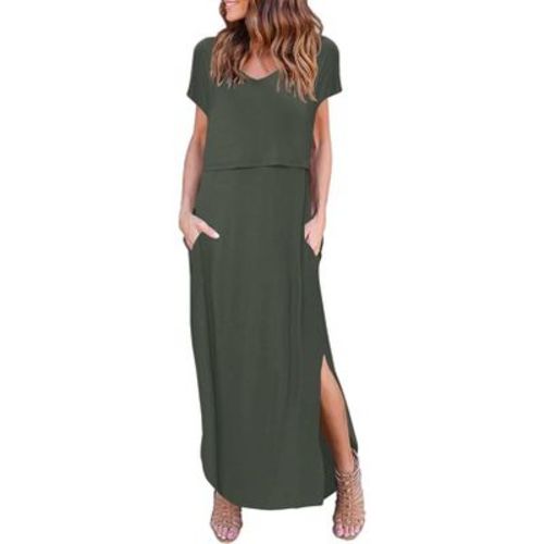Ekouaer Women's Nursing Dress Summer V Neck Short Sleeve Maternity Split Long Dresses for Breastfeeding with Pockets Green M