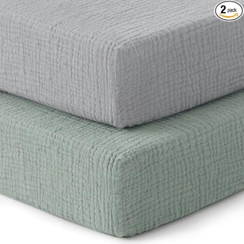 Pro Goleem 2 Pack Muslin Crib Sheets for Boys and Girls, Soft Breathable Neutral Fitted Cotton Baby Bed Sheets Set for Standard Crib Mattress & Toddler Mattress 52"x28", (Grey＆Green)