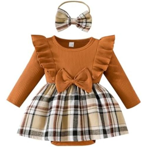 Magic Park 0-24M Baby Toddler Girls Ruffle Long Sleeve Bodysuit Ribbed Plaid Romper Dress Fall Winter Outfit with Headband