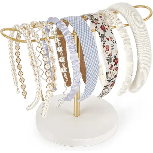 Dahey Headband Holder Metal Headband Organizer Hair Hoop Display Stand, Modern Hair Accessories Organizer Storage Hair Ropes Bracelets Bangles College Dorm Room Decor for Women and Girls, Gold