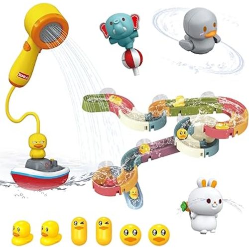 Mostop Jouets de bain pour bébé, jouets de bain pour bébés de 3 à 8 ans, jouets de baignoire glissants à faire soi-même avec 6 canards, un bateau, jouets de douche amusants pour tout-petits, cadeau