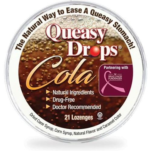 Three Lollies Queasy Drops - Cola Flavor - Relief from Nausea & Travel Sickness, Soothes a Dry Mouth & Settles Stomach - Natural Ingredients - 21 ct
