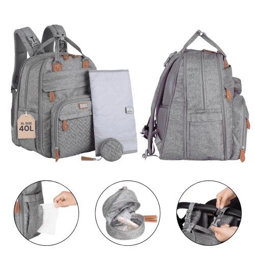 BabbleRoo Diaper Bag Backpack, Waterproof Travel Bag with Changing Pad, Original Baby Bag, Light Gray, Extra Large