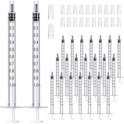 JOLLY PARTY 20 Pack 1ml Syringes with Caps, 1cc Syringe Needleless, Small Oral Syringe with Tip Cap Individually Wrapped for Scientific Labs, Liquid Measuring, Pet Feeding, Oil & Glue Dispenser
