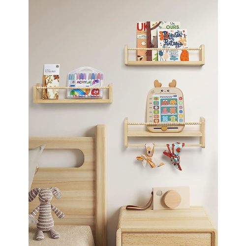 Nursery Floating Shelves for Wall, Set of 3 Book Shelves Natural Wood Wall Mounted Organizer with Towel Bar Hanging Bookshelves Nursery Decor for Kids Room, Bedroom and Kitchen