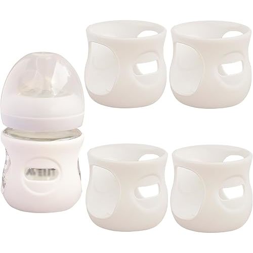 4 Pack Silicone Sleeves for Avent Natural Glass Baby Bottles, Anti Breakage Bottle Holder, Compatible with Philips Avent Glass Natural Baby Bottles (4 White, 4 OZ)