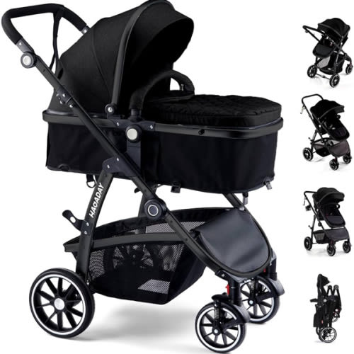 Baby Stroller, 2-in-1 Reversible Toddler Seat with Lie-Flat Mode, Foldable Infant Stroller with Canopy, One Button Brake, Adjustable Handle, Newborn Pushchair (Black B)