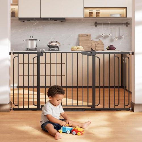 Cumbor 36.6-64" Extra Wide Baby Gate for Stairs, Dog Gates for Doorways, Auto-Close Pet Gate Indoor, Pressure Mounted Walk Through Safety Child Gate for Kids Toddler, Tall Pet Puppy Fence Gate, Black