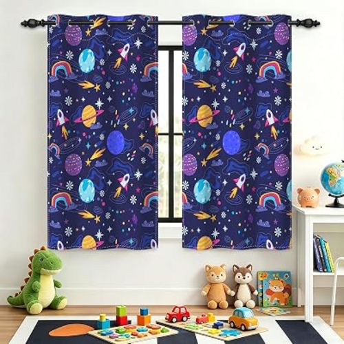 Kids Space Themed Blackout Curtains Nursery Cartoon Galaxy Planet 90% Room Darkening Curtains Rocket Rainbow Star Thermal Insulated Grommet Window Drapes for Boys Bedroom Playroom, 42" x 63"