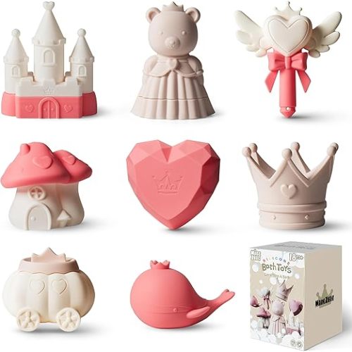 MarcZero Princess Silicone Bath Toys 8Pcs for Toddlers Kids Babies,Bathtub Water Toys,Soft Squeezable Easy-Grip Pool Toys Set (Pink)