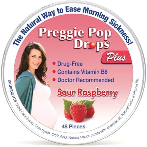 Preggie Pop Drops Morning Sickness Candy - Pregnancy Relief Drops Fortified with Vitamin B6. Morning Sickness Relief Soothing Tummy Drops - Sour Raspberry, 48 Count