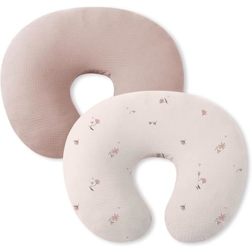 Little Grape Land Muslin Nursing Pillow Cover for Baby Boys Girls, 2 Pack Breast Feeding Pillow Cover Fit Standard Nursing Pillows, Soft Removable Covers for Breastfeeding Pillows(Fog Flower)