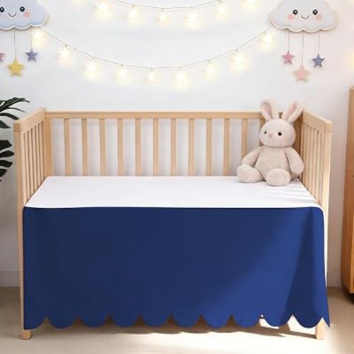 Shunjie.Home Scallop Edge Crib Skirt Navy Blue, 100% Egyptian Cotton 400 Thread Count Crib Skirt Dust Ruffle,Double Layer,Durable,Smooth Toddler Bedding Skirt for Baby Girls or Boys, 52"X 28" with 14"