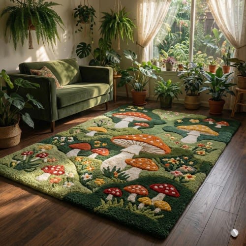 Hand Tufted Wool Mushroom Rug: Cottagecore Forest Floor Carpet