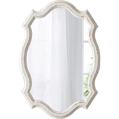 Rustic Scalloped Oval Mirrors for Bathroom 13 X 19 Inch, Distressed White Hanging Vintage Mirror, Farmhouse Wood Frame Gothic Wall Mounted Makeup Mirror for Bedroom Hallway Entryway