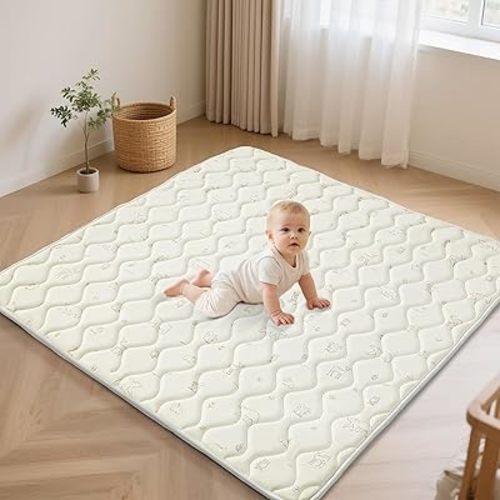 Fortella Extra Thick Baby Play Mat for 50" Playpen, 47"x47" Snug Fit Playpen Mat, Machine Washable Foam Play Mat for Floor - Portable, Non-Slip Tummy Time & Crawling Mat for Babies Toddlers (Forest Beige)